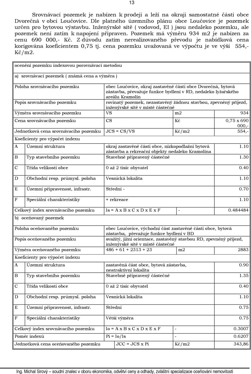 Z důvodu zatím nerealizovaného převodu je nabídková cena korigována koeficientem 0,75 tj. cena pozemku uvažovaná ve výpočtu je ve výši 554,- Kč/m2.