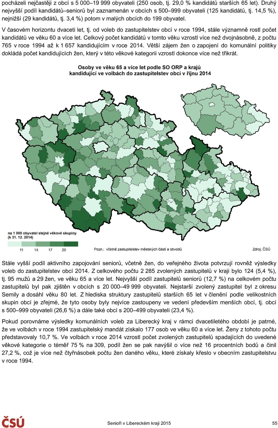 V časovém horizontu dvaceti let, tj. od voleb do zastupitelstev obcí v roce 1994, stále významně rostl počet kandidátů ve věku 60 a více let.