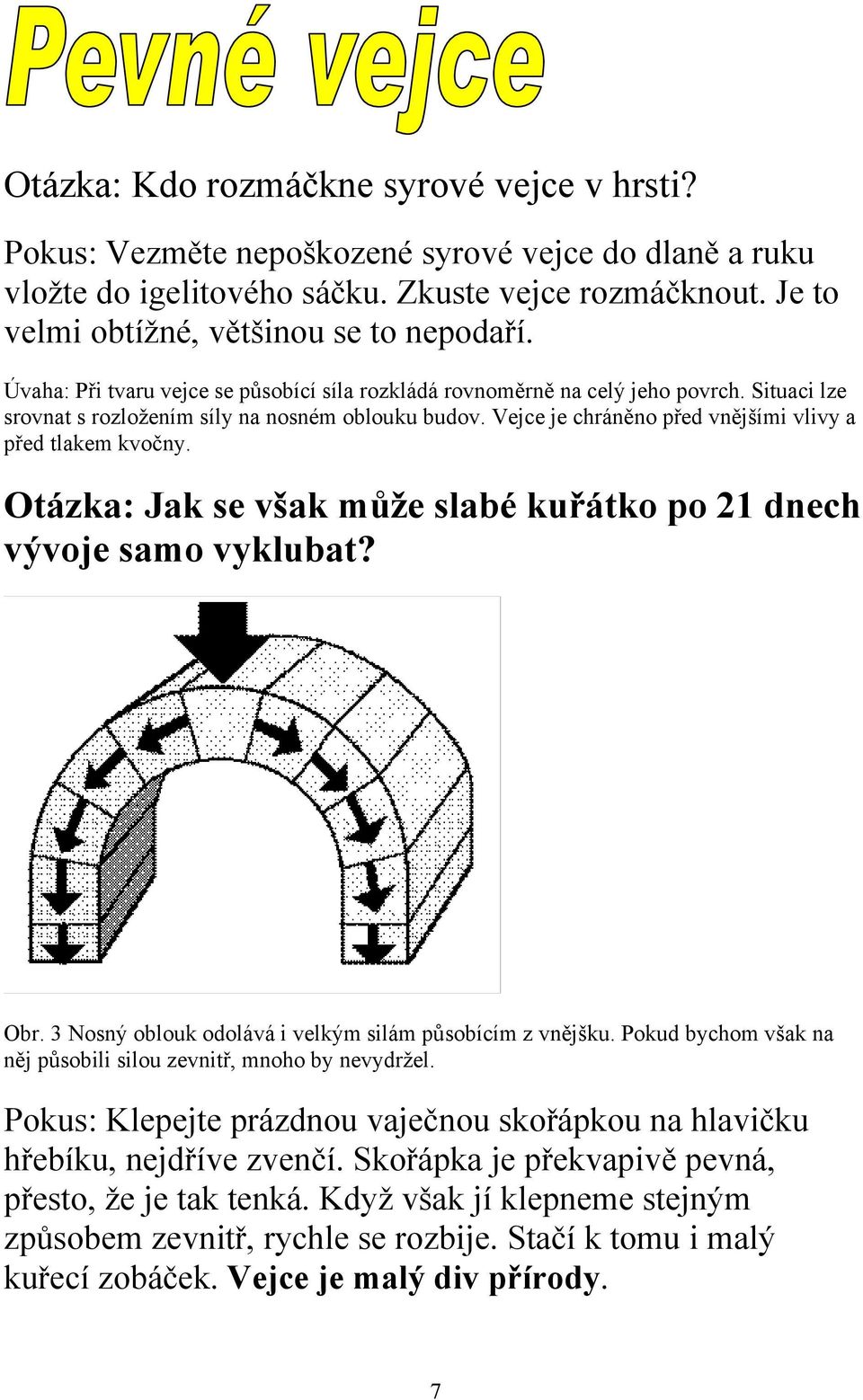 Vejce je chráněno před vnějšími vlivy a před tlakem kvočny. Otázka: Jak se však může slabé kuřátko po 21 dnech vývoje samo vyklubat? Obr. 3 Nosný oblouk odolává i velkým silám působícím z vnějšku.