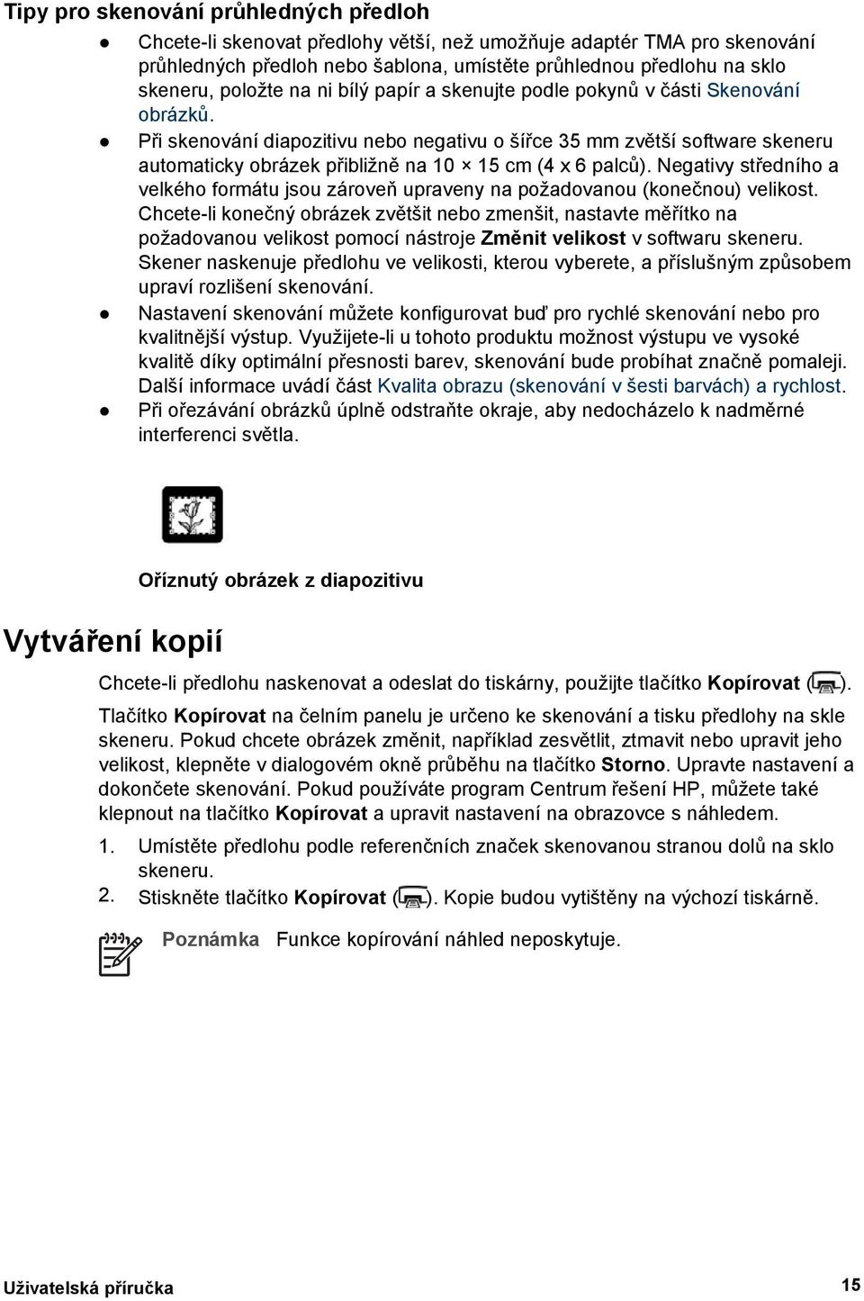 Při skenování diapozitivu nebo negativu o šířce 35 mm zvětší software skeneru automaticky obrázek přibližně na 10 15 cm (4 x 6 palců).