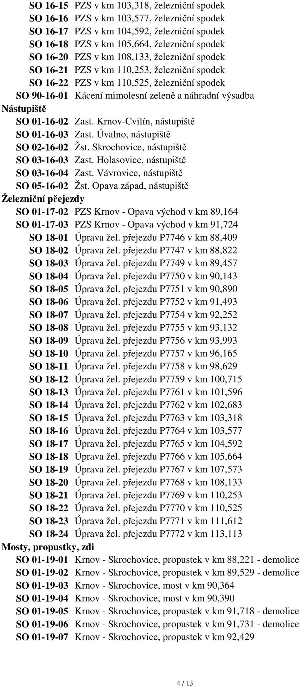 Krnov-Cvilín, nástupiště SO 01-16-03 Zast. Úvalno, nástupiště SO 02-16-02 Žst. Skrochovice, nástupiště SO 03-16-03 Zast. Holasovice, nástupiště SO 03-16-04 Zast. Vávrovice, nástupiště SO 05-16-02 Žst.