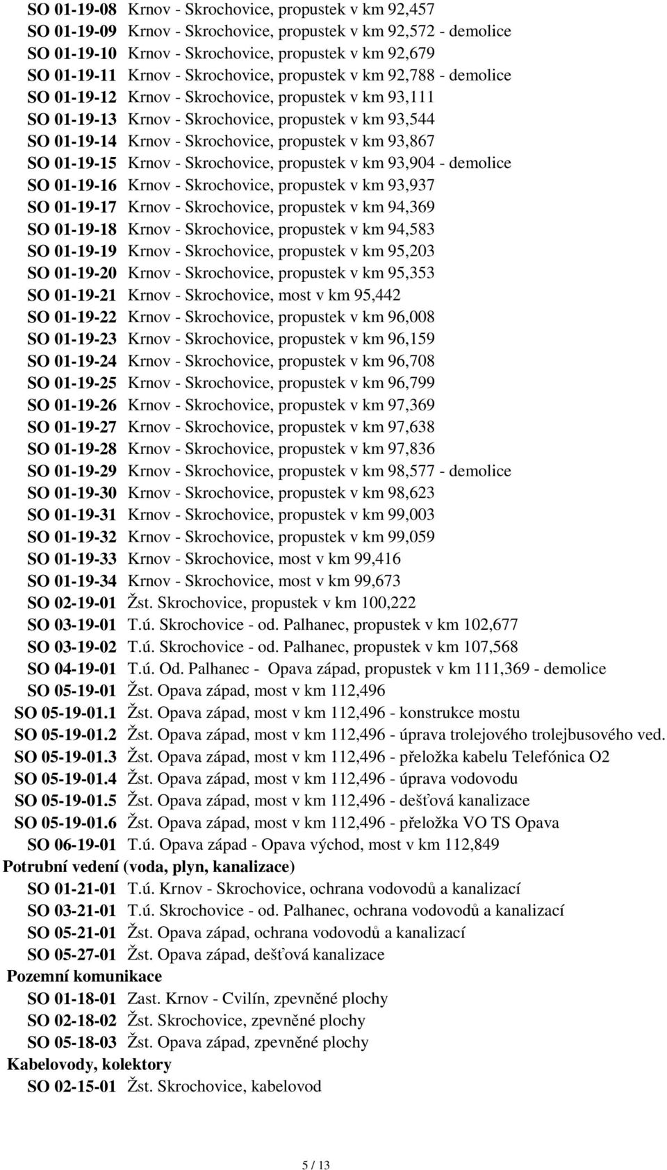 v km 93,867 SO 01-19-15 Krnov - Skrochovice, propustek v km 93,904 - demolice SO 01-19-16 Krnov - Skrochovice, propustek v km 93,937 SO 01-19-17 Krnov - Skrochovice, propustek v km 94,369 SO 01-19-18