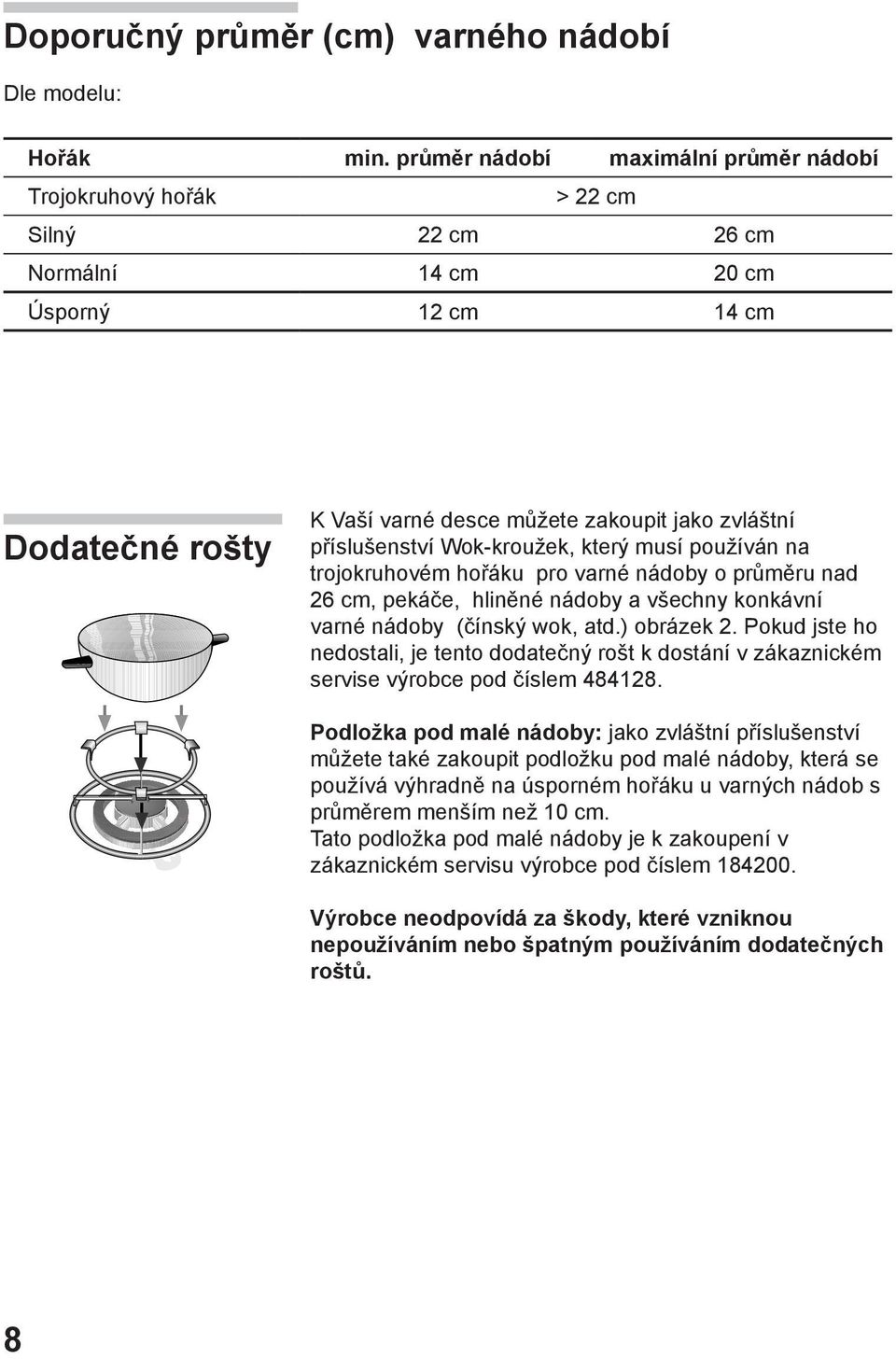 příslušenství Wok-kroužek, který musí používán na trojokruhovém hořáku pro varné nádoby o průměru nad 26 cm, pekáče, hliněné nádoby a všechny konkávní varné nádoby (čínský wok, atd.) obrázek 2.