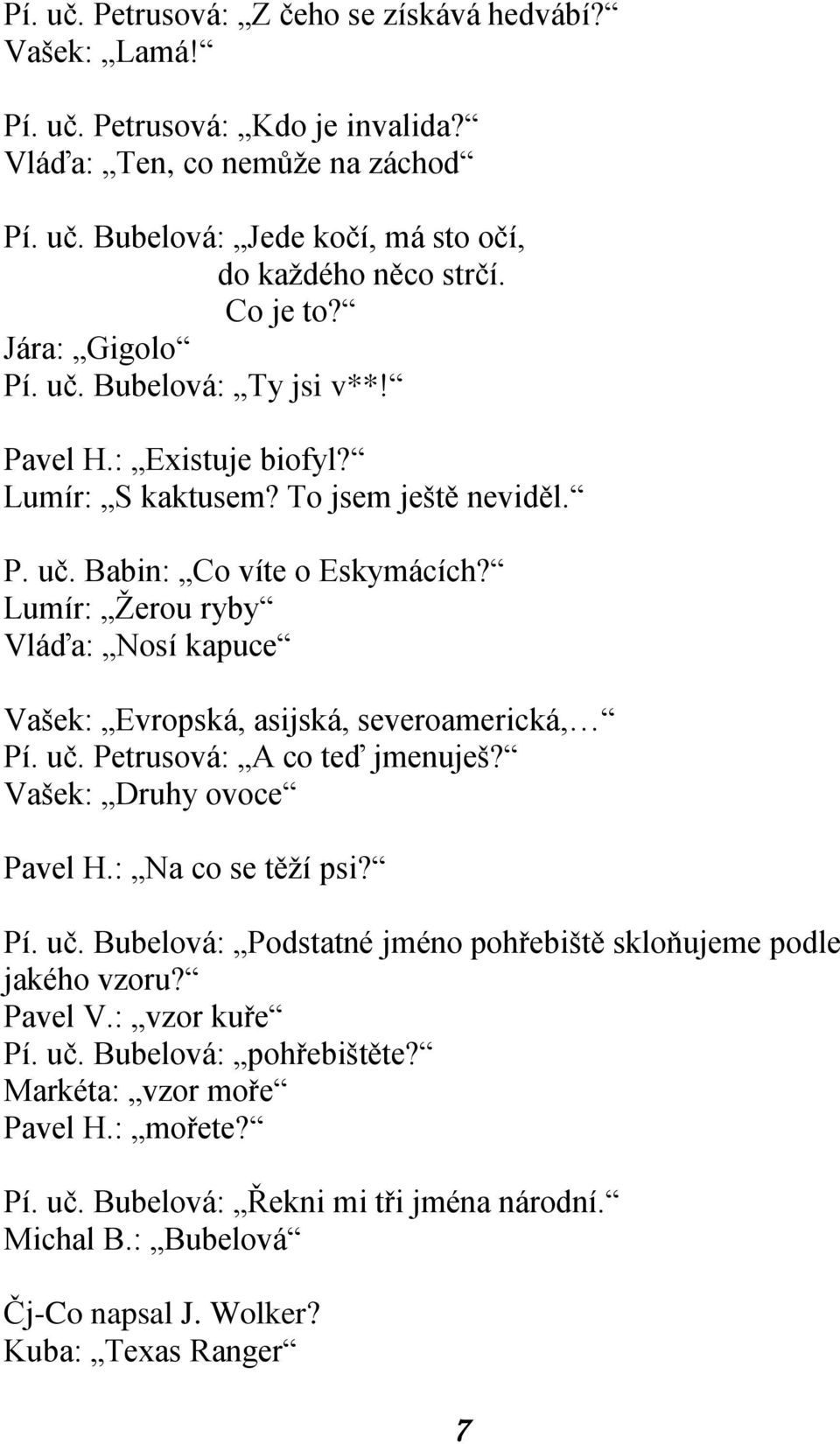 Lumír: Žerou ryby Vláďa: Nosí kapuce Vašek: Evropská, asijská, severoamerická, Pí. uč. Petrusová: A co teď jmenuješ? Vašek: Druhy ovoce Pavel H.: Na co se těží psi? Pí. uč. Bubelová: Podstatné jméno pohřebiště skloňujeme podle jakého vzoru?