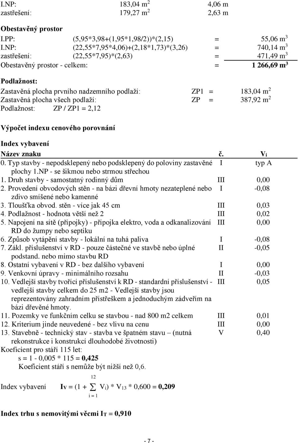 ZP1 = 183,04 m 2 Zastavěná plocha všech podlaží: ZP = 387,92 m 2 Podlažnost: ZP / ZP1 = 2,12 Výpočet indexu cenového porovnání Index vybavení Název znaku č. Vi 0.