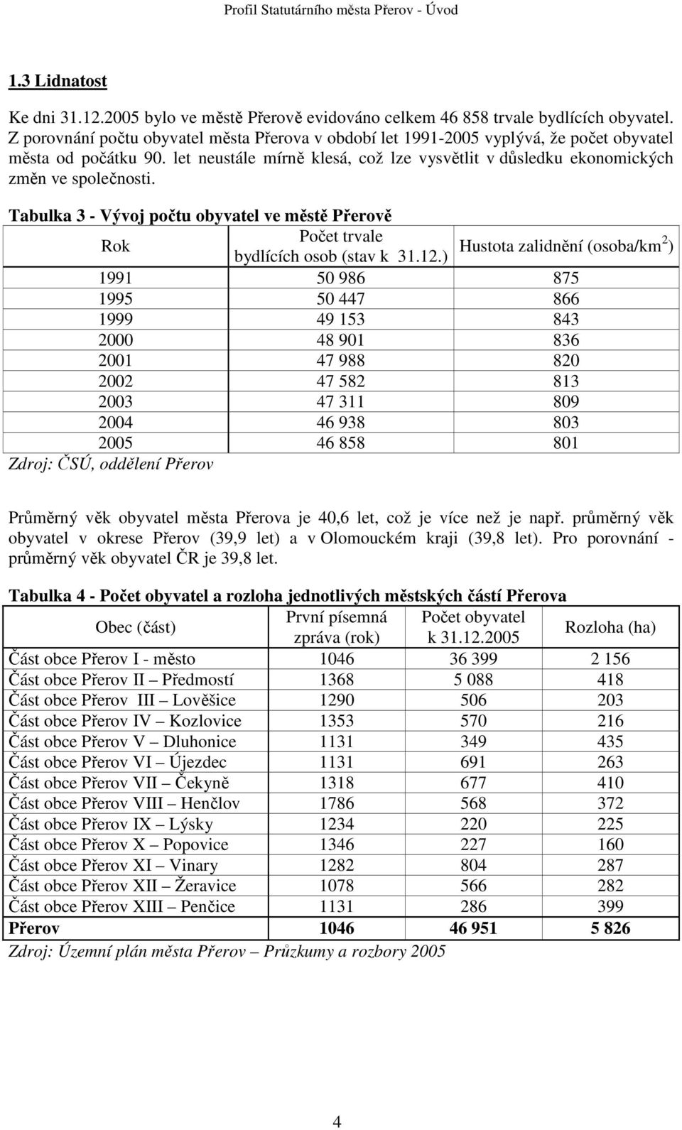 Tabulka 3 - Vývoj počtu obyvatel ve městě Přerově Rok Počet trvale bydlících osob (stav k 31.12.