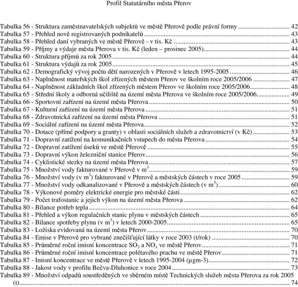 .. 44 Tabulka 61 - Struktura výdajů za rok 2005... 45 Tabulka 62 - Demografický vývoj počtu dětí narozených v Přerově v letech 1995-2005.