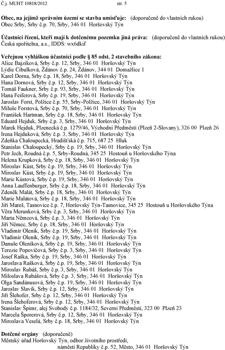 p. 18, Srby, 346 01 Horšovský Týn Hana Dornová, Srby č.p. 12, Srby, 346 01 Horšovský Týn Tomáš Faukner, Srby č.p. 93, Srby, 346 01 Horšovský Týn Hana Feiferová, Srby č.p. 19, Srby, 346 01 Horšovský Týn Jaroslav Forst, Polžice č.