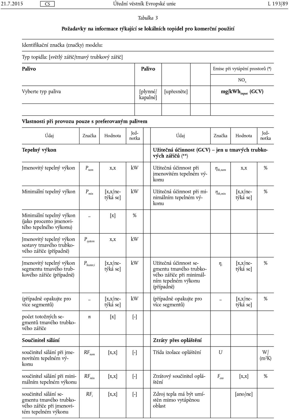 Hodnota Jednotka Jednotka Tepelný výkon Užitečná účinnost (GCV) jen u tmavých trubkových zářičů (**) Jmenovitý tepelný výkon P nom x,x kw Užitečná účinnost při jmenovitém tepelném výkonu η th,nom x,x