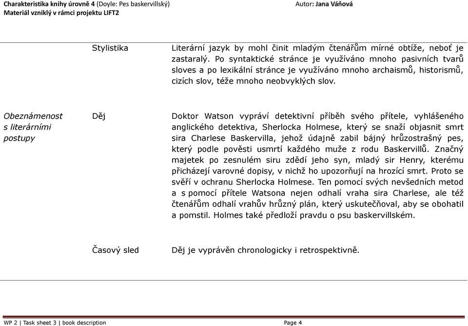 Obeznámenost s literárními postupy Děj Doktor Watson vypráví detektivní příběh svého přítele, vyhlášeného anglického detektiva, Sherlocka Holmese, který se snaží objasnit smrt sira Charlese