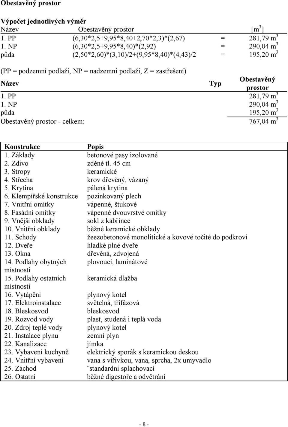 PP 281,79 m 3 1. NP 290,04 m 3 půda 195,20 m 3 Obestavěný prostor - celkem: 767,04 m 3 Konstrukce Popis 1. Základy betonové pasy izolované 2. Zdivo zděné tl. 45 cm 3. Stropy keramické 4.