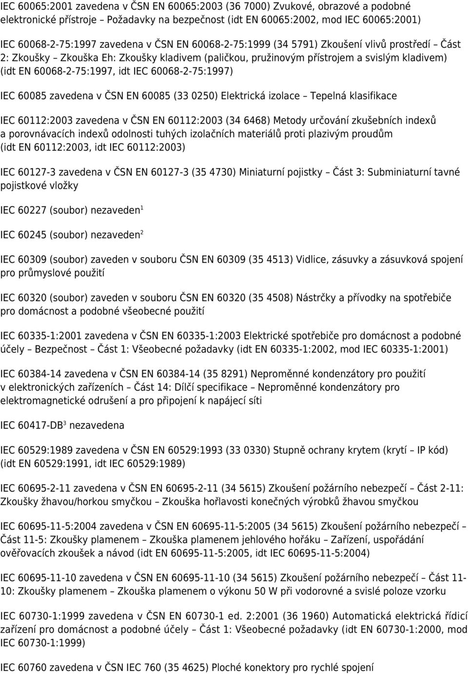 60068-2-75:1997) IEC 60085 zavedena v ČSN EN 60085 (33 0250) Elektrická izolace Tepelná klasifikace IEC 60112:2003 zavedena v ČSN EN 60112:2003 (34 6468) Metody určování zkušebních indexů a