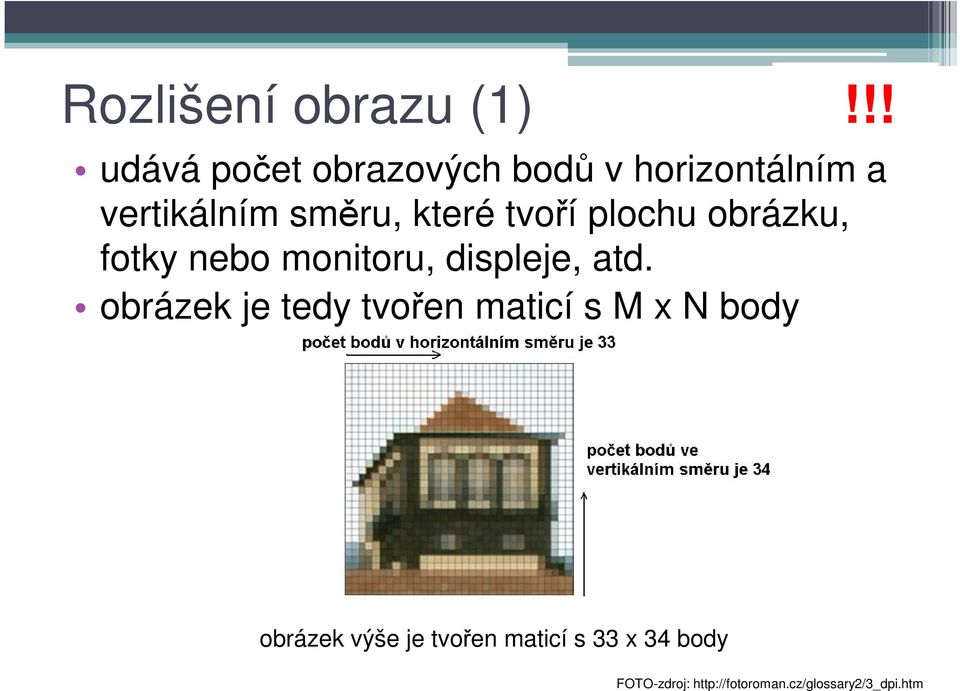 které tvoří plochu obrázku, fotky nebo monitoru, displeje, atd.