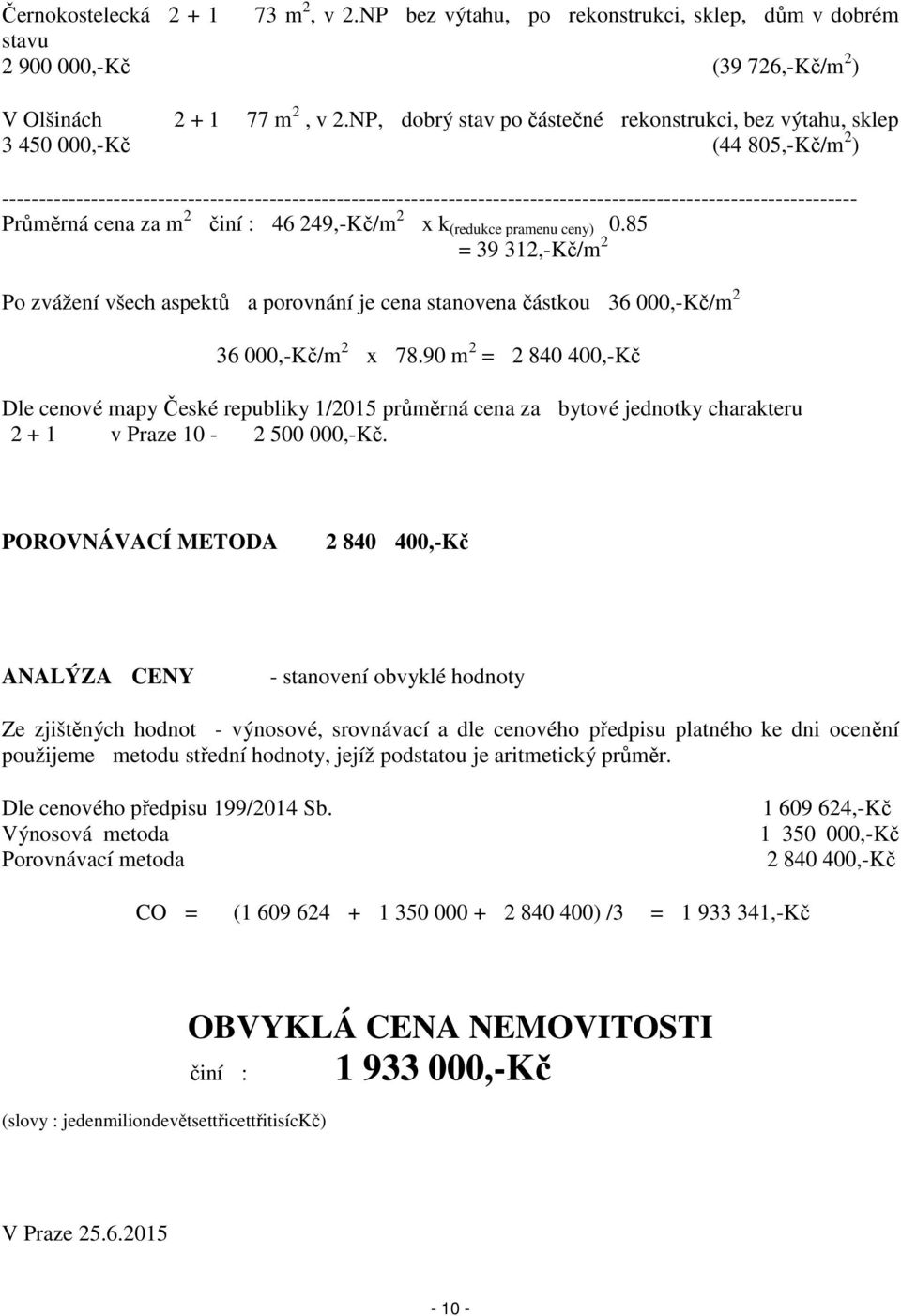 ------------------------------------------------------------------------------------------------------------------- Průměrná cena za m 2 činí : 46 249,-Kč/m 2 x k (redukce pramenu ceny) 0.