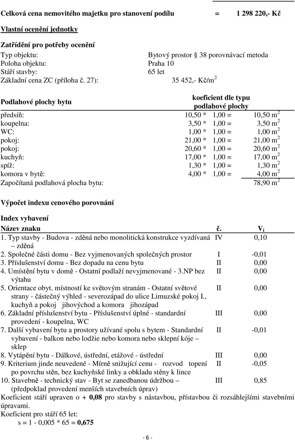 27): 35 452,- Kč/m 2 Podlahové plochy bytu koeficient dle typu podlahové plochy předsíň: 10,50 * 1,00 = 10,50 m 2 koupelna: 3,50 * 1,00 = 3,50 m 2 WC: 1,00 * 1,00 = 1,00 m 2 pokoj: 21,00 * 1,00 =