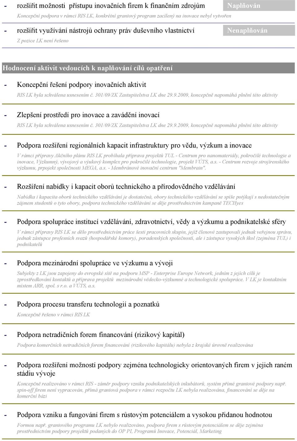 301/09/ZK Zastupitelstva LK dne 29.9.2009, koncepčně napomáhá plnění této aktivity Zlepšení prostředí pro inovace a zavádění inovací RIS LK byla schválena usnesením č.