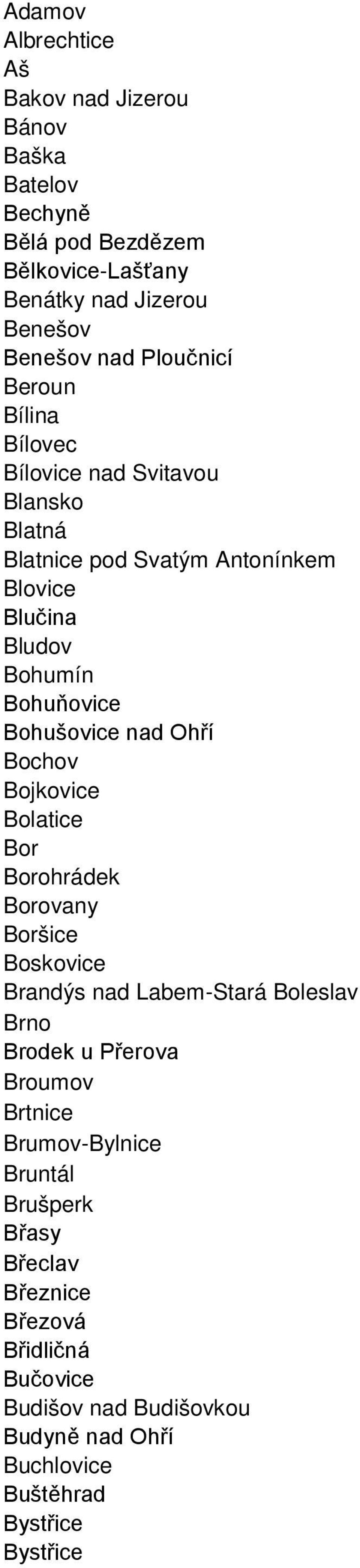 Bohušovice nad Ohří Bochov Bojkovice Bolatice Bor Borohrádek Borovany Boršice Boskovice Brandýs nad Labem-Stará Boleslav Brno Brodek u Přerova Broumov