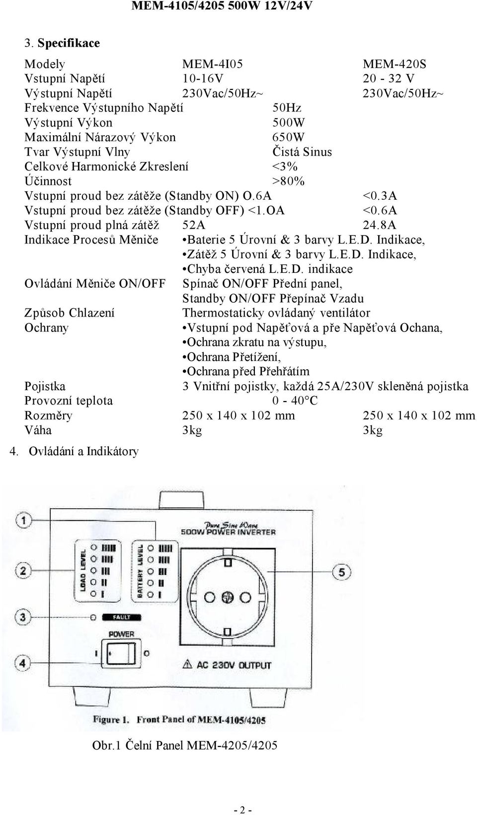 6A Vstupní proud plná zátěž 52A 24.8A Indikace Procesů Měniče Baterie 5 Úrovní & 3 barvy L.E.D.