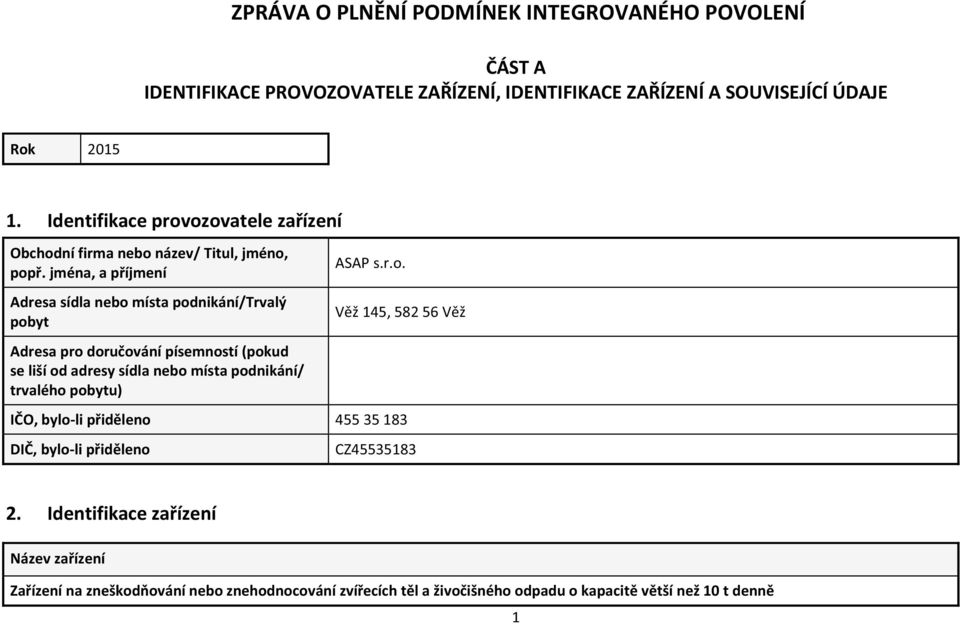 ozovatele zařízení Obchodní firma nebo název/ Titul, jméno, popř. jména, a příjmení Adresa sídla nebo místa podnikání/trvalý pobyt ASAP s.r.o. Věž 145, 582 56 Věž