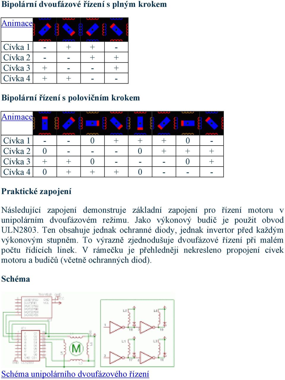 dvoufázovém režimu. Jako výkonový budič je použit obvod ULN2803. Ten obsahuje jednak ochranné diody, jednak invertor před každým výkonovým stupněm.