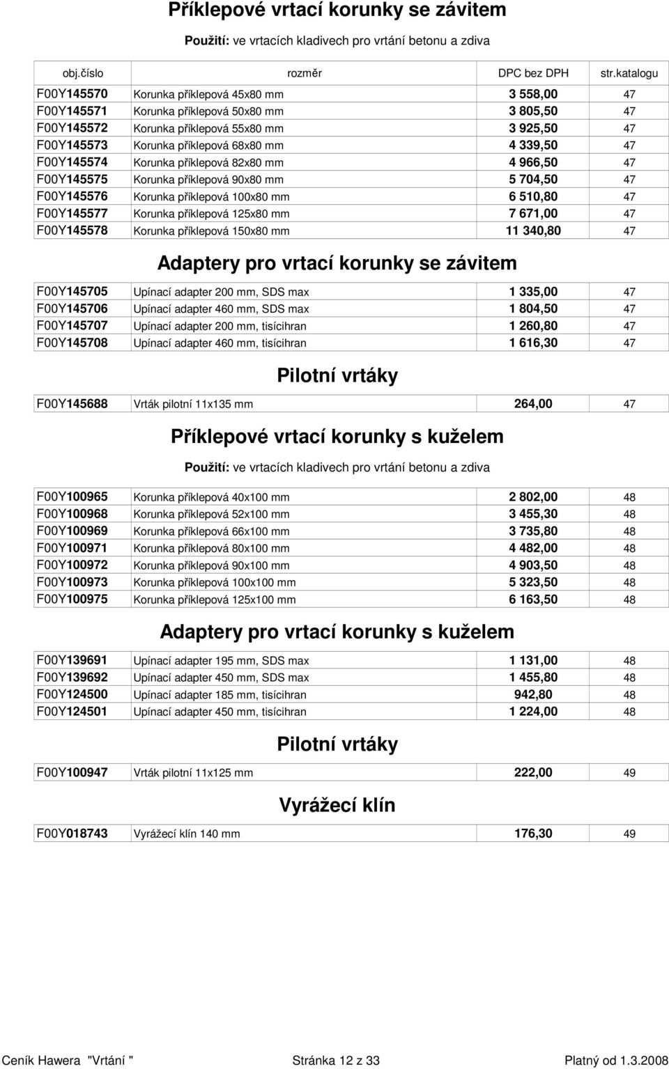 704,50 47 F00Y145576 Korunka příklepová 100x80 mm 6 510,80 47 F00Y145577 Korunka příklepová 125x80 mm 7 671,00 47 F00Y145578 Korunka příklepová 150x80 mm 11 340,80 47 Adaptery pro vrtací korunky se