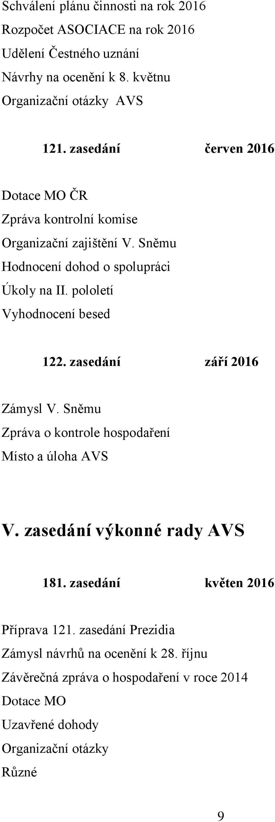 pololetí Vyhodnocení besed 122. zasedání září 2016 Zámysl V. Sněmu Zpráva o kontrole hospodaření Místo a úloha AVS V. zasedání výkonné rady AVS 181.