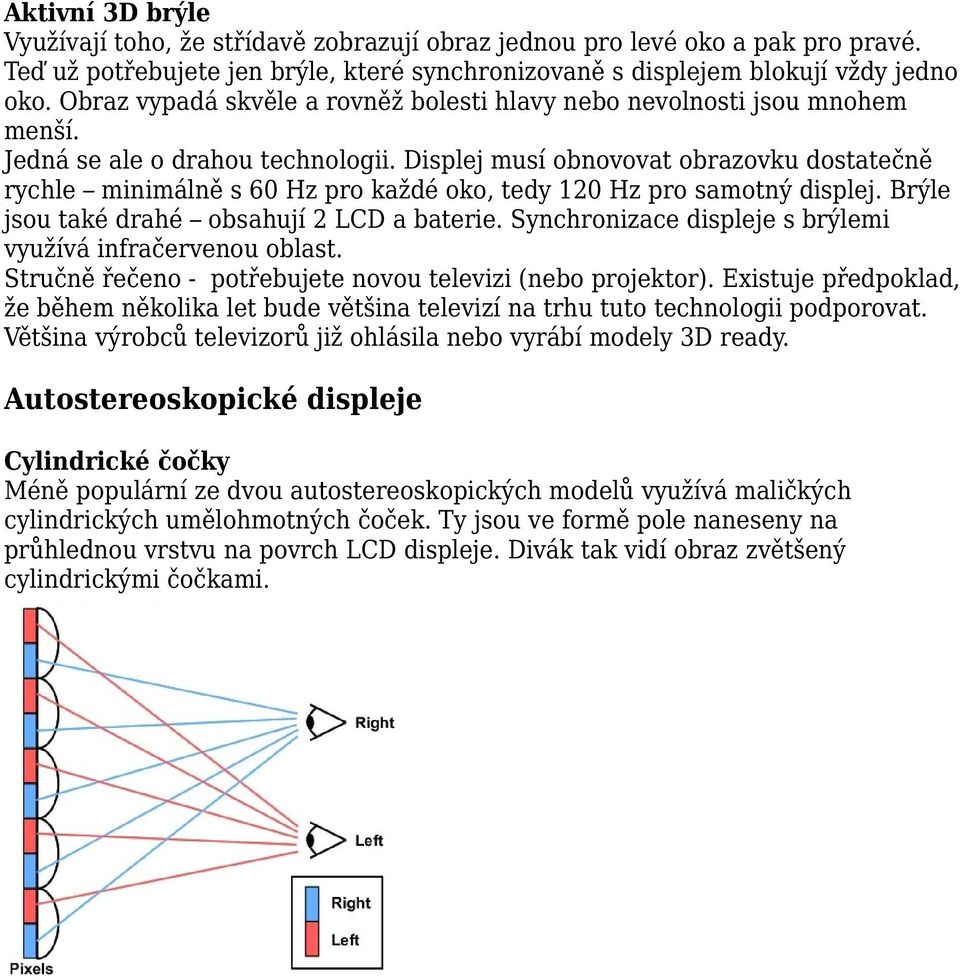 Displej musí obnovovat obrazovku dostatečně rychle minimálně s 60 Hz pro každé oko, tedy 120 Hz pro samotný displej. Brýle jsou také drahé obsahují 2 LCD a baterie.