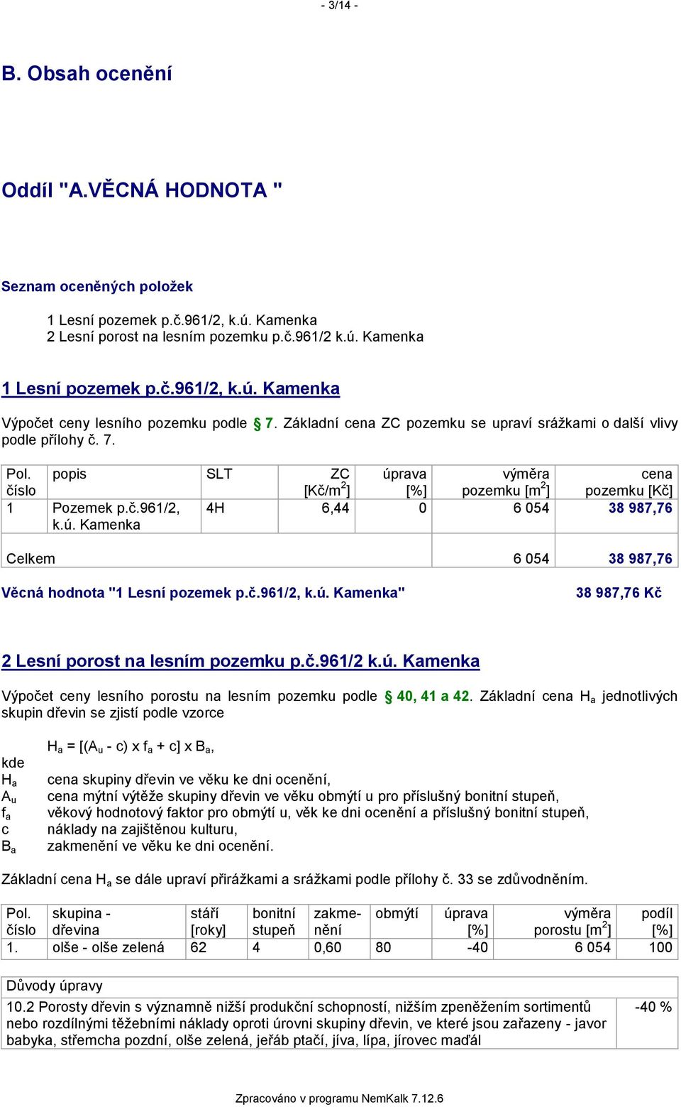 rava [%] výměra pozemku [m 2 ] cena pozemku [Kč] 1 Pozemek p.č.961/2, k.ú. Kamenka 4H 6,44 0 6 054 38 987,76 Celkem 6 054 38 987,76 Věcná hodnota "1 Lesní pozemek p.č.961/2, k.ú. Kamenka" 38 987,76 Kč 2 Lesní porost na lesním pozemku p.