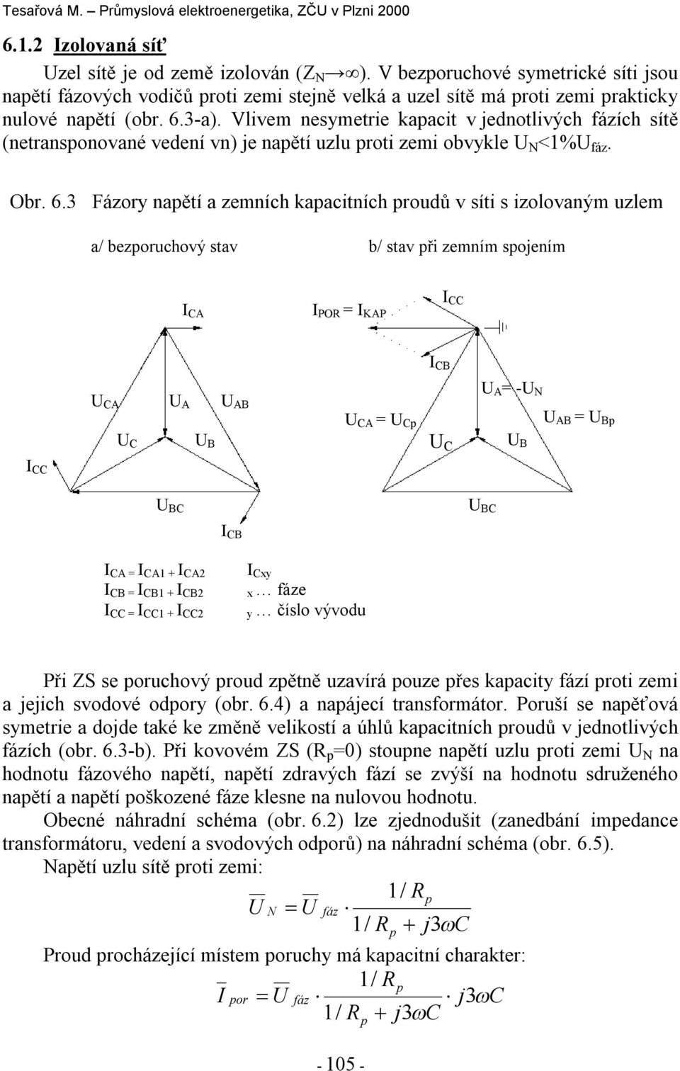3 Fázory naětí a zemních kaacitních roudů v síti s izolovaným uzlem a/ bezoruchový stav b/ stav ři zemním sojením I CA I POR = I KAP I CC I CB U CA U A U AB U CA = U C U A = - U AB = U B U C U B U C