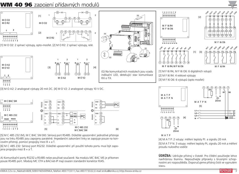 [1] M F I6 R4, M F I6 O6: 6 digitálních vstupů [2] M F I6 R4: 4 reléové výstupy [3] M F I6 O6: 6 výstupů (opto mosfet) [3] M O A2: 2 analogové výstupy 20 ma DC.