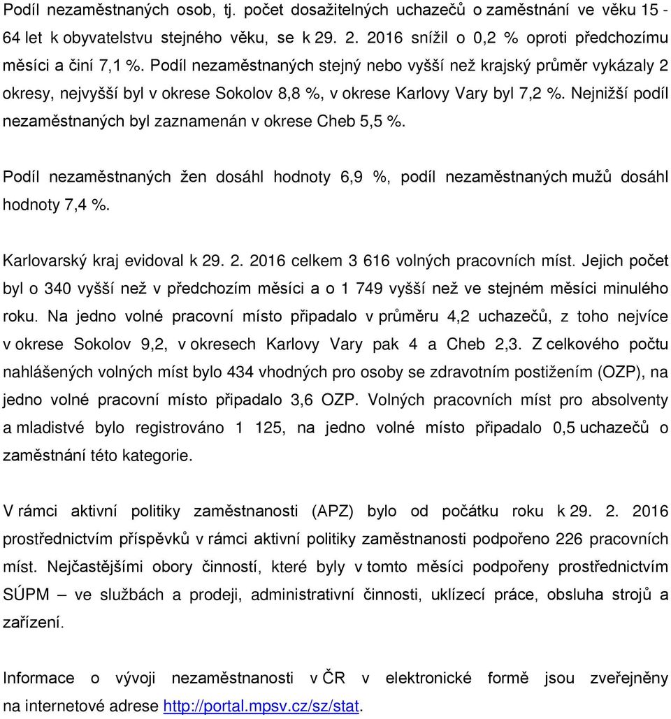 Nejnižší podíl nezaměstnaných byl zaznamenán v okrese Cheb 5,5 %. Podíl nezaměstnaných žen dosáhl hodnoty 6,9 %, podíl nezaměstnaných mužů dosáhl hodnoty 7,4 %. Karlovarský kraj evidoval k 29