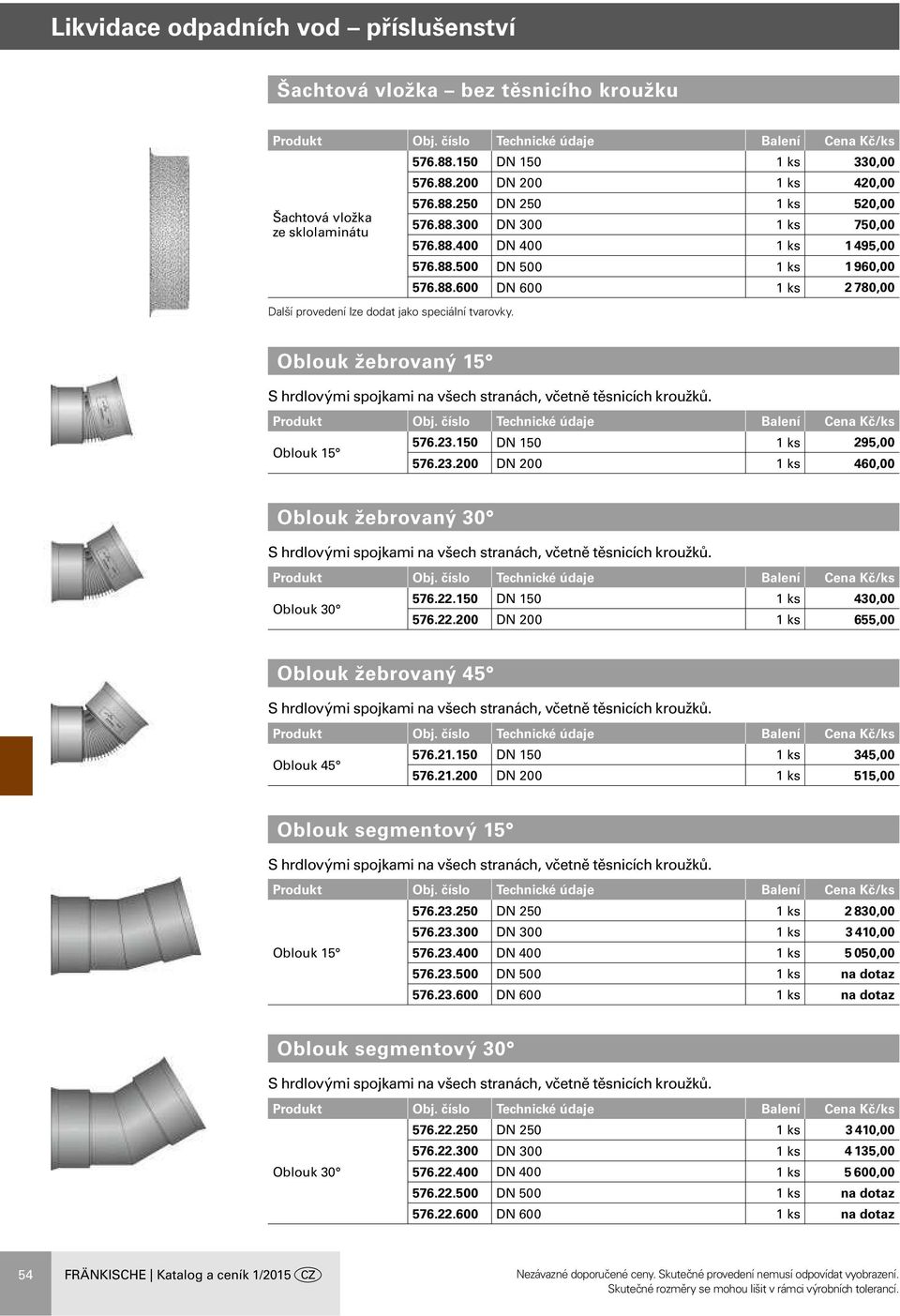 22.150 DN 150 1 ks 430,00 Oblouk 30 576.22.200 DN 200 1 ks 655,00 Oblouk žebrovaný 45 576.21.150 DN 150 1 ks 345,00 Oblouk 45 576.21.200 DN 200 1 ks 515,00 Oblouk segmentový 15 576.23.