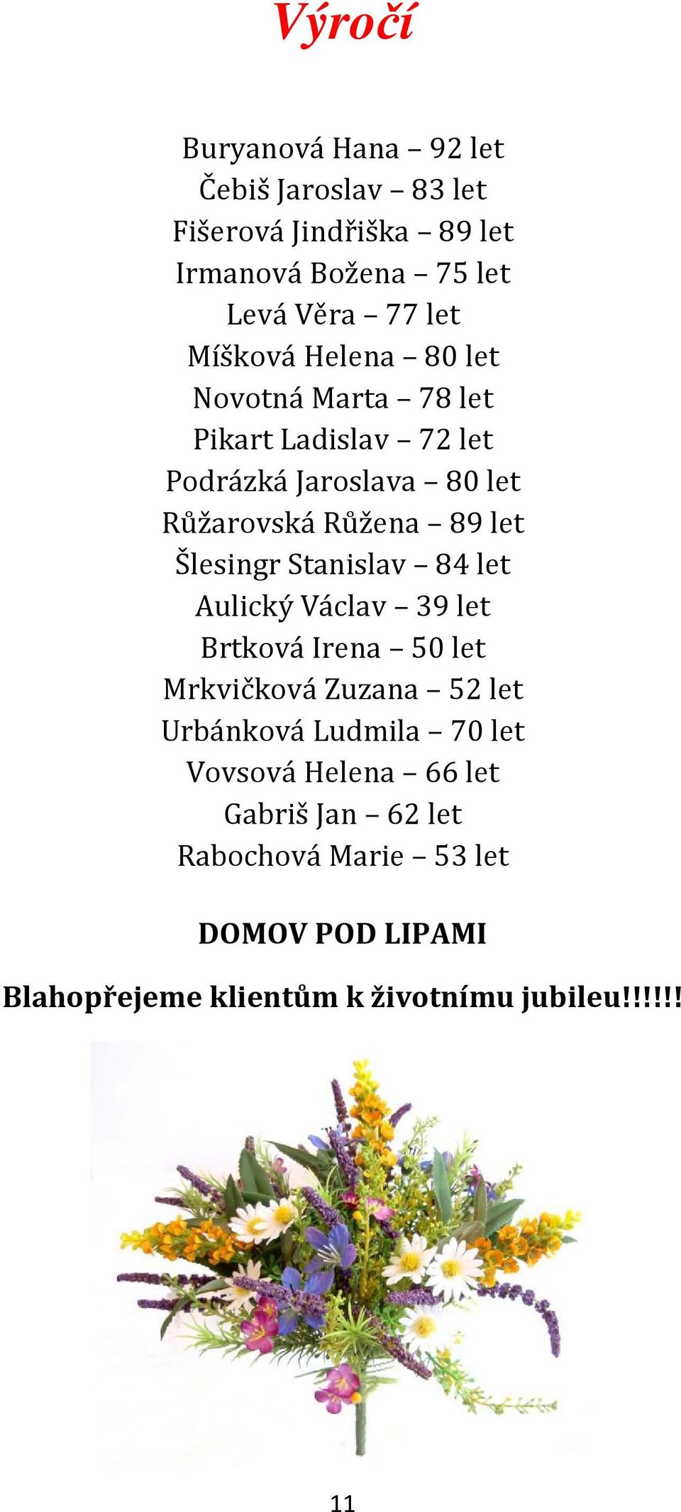 Šlesingr Stanislav 84 let Aulický Václav 39 let Brtková Irena 50 let Mrkvičková Zuzana 52 let Urbánková Ludmila 70 let