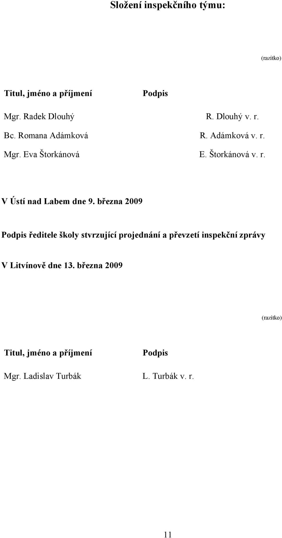března 2009 Podpis ředitele školy stvrzující projednání a převzetí inspekční zprávy V Litvínově dne