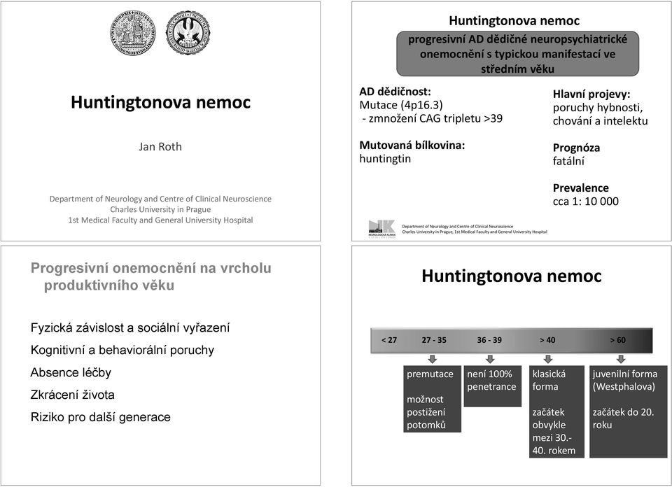 University Hospital Prevalence cca 1: 10 000 Progresivní onemocnění na vrcholu produktivního věku Fyzická závislost a sociální vyřazení Kognitivní a behaviorální poruchy Huntingtonova nemoc AD