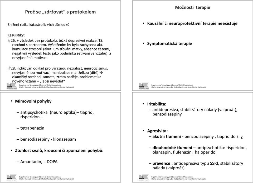 umisťování matky, absence zázemí, negativní výsledek testu jako podmínka setrvání ve vztahu) a nevyjasněná motivace Možnosti terapie Kauzální či neuroprotektivní terapie neexistuje Symptomatická