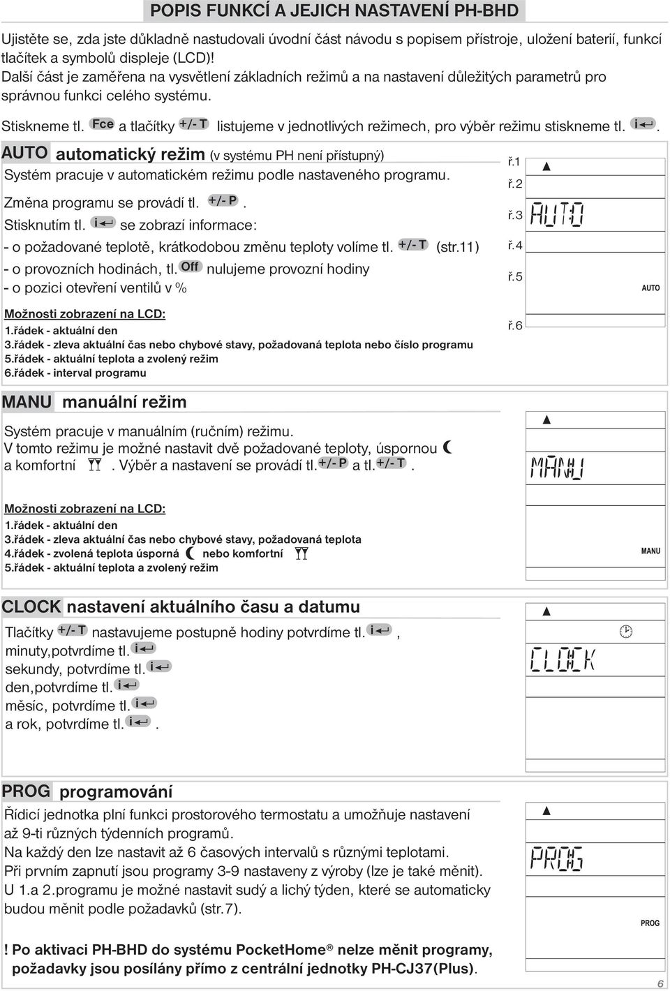 Fce a tlačítky +/- T listujeme v jednotlivých režimech, pro výběr režimu stiskneme tl. i. AUTO automatický režim (v systému PH není přístupný) ř.