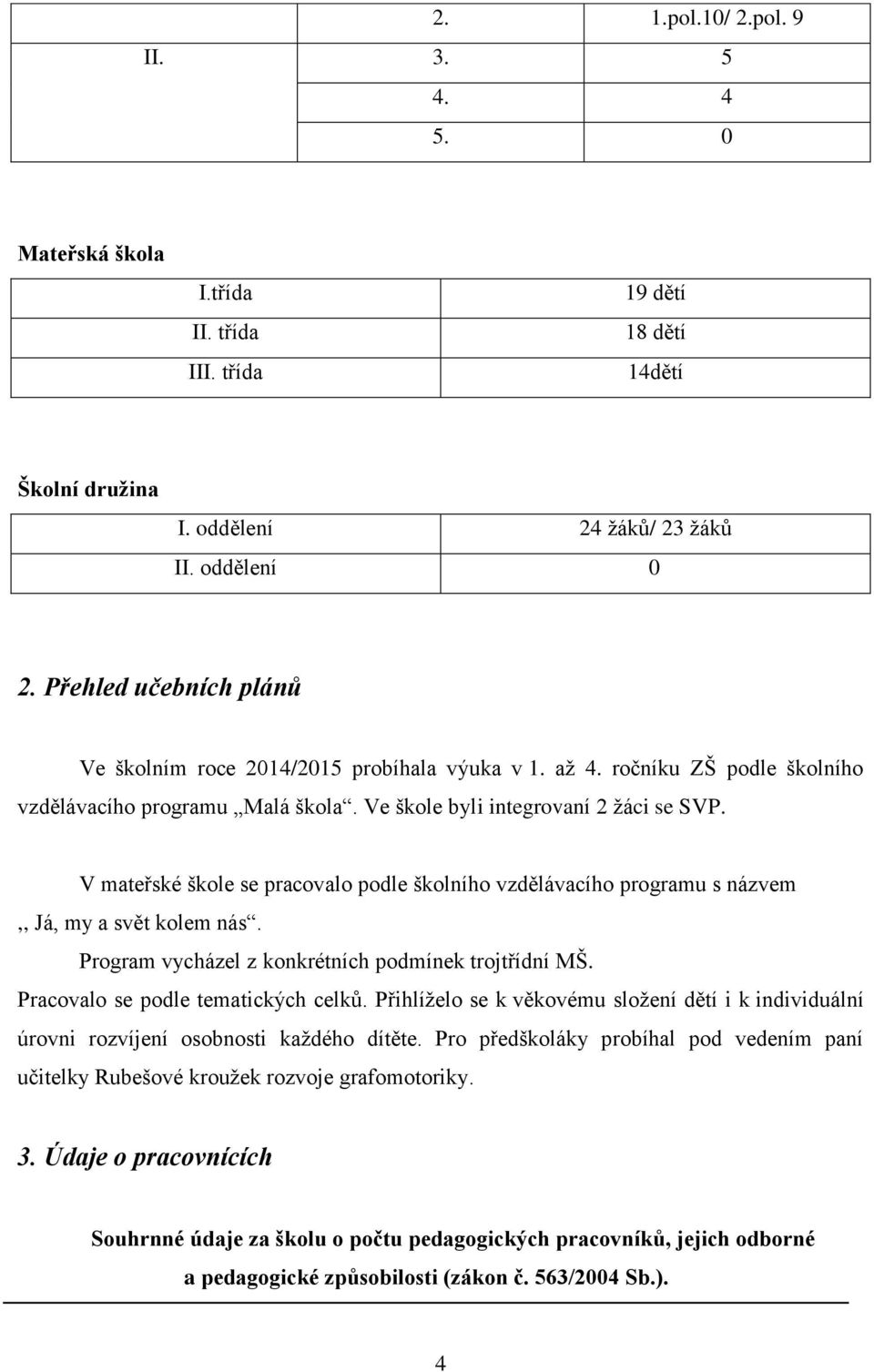 V mateřské škole se pracovalo podle školního vzdělávacího programu s názvem,, Já, my a svět kolem nás. Program vycházel z konkrétních podmínek trojtřídní MŠ. Pracovalo se podle tematických celků.