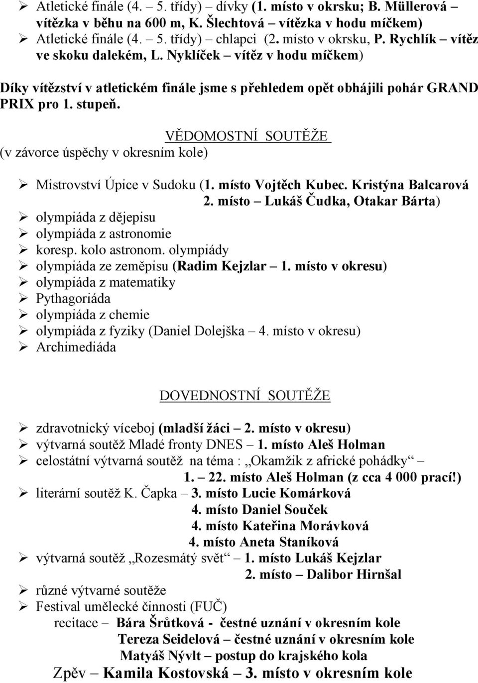 VĚDOMOSTNÍ SOUTĚŢE (v závorce úspěchy v okresním kole) Mistrovství Úpice v Sudoku (1. místo Vojtěch Kubec. Kristýna Balcarová 2.