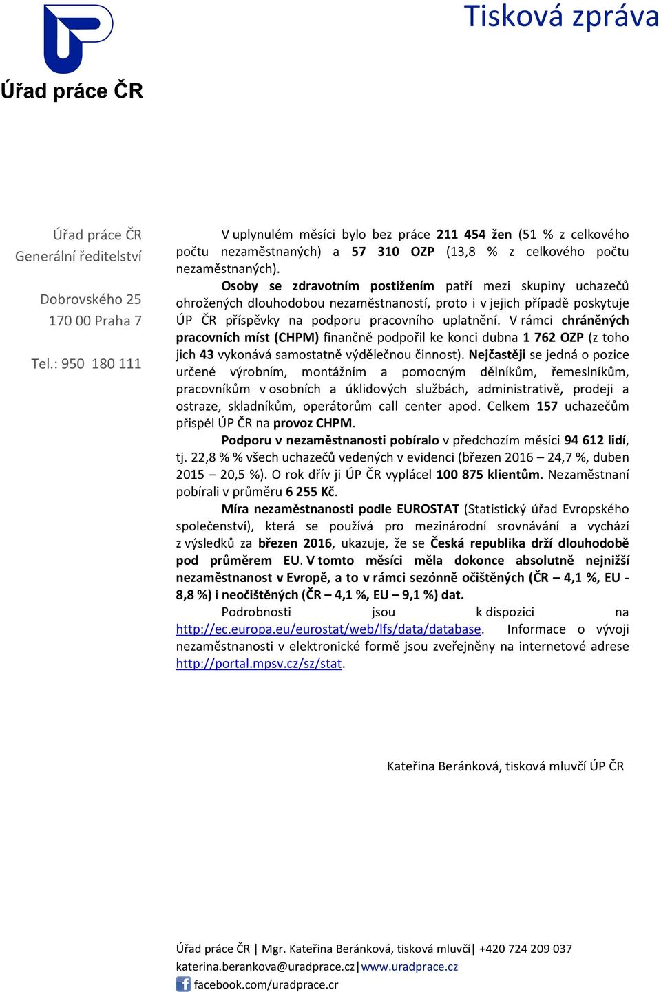 V rámci chráněných pracovních míst (CHPM) finančně podpořil ke konci dubna 1 762 OZP (z toho jich 43 vykonává samostatně výdělečnou činnost).