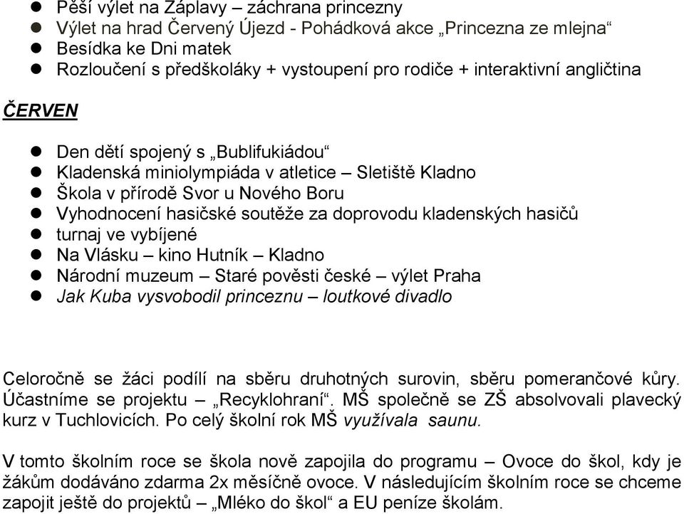 turnaj ve vybíjené Na Vlásku kino Hutník Kladno Národní muzeum Staré pověsti české výlet Praha Jak Kuba vysvobodil princeznu loutkové divadlo Celoročně se žáci podílí na sběru druhotných surovin,