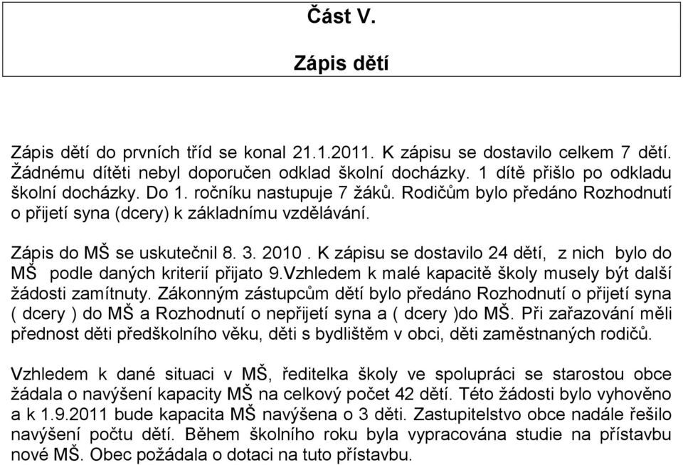 K zápisu se dostavilo 24 dětí, z nich bylo do MŠ podle daných kriterií přijato 9.Vzhledem k malé kapacitě školy musely být další žádosti zamítnuty.