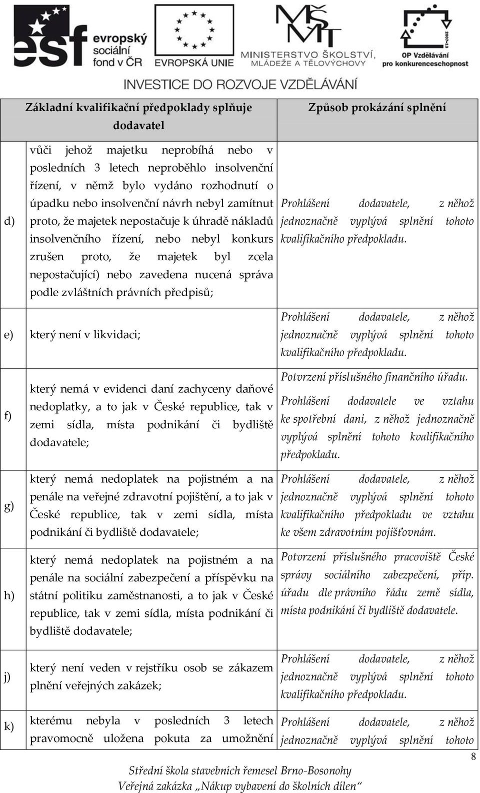 zvláštních právních předpisů; Způsob prokázání splnění Prohlášení dodavatele, z něhož jednoznačně vyplývá splnění tohoto kvalifikačního předpokladu.