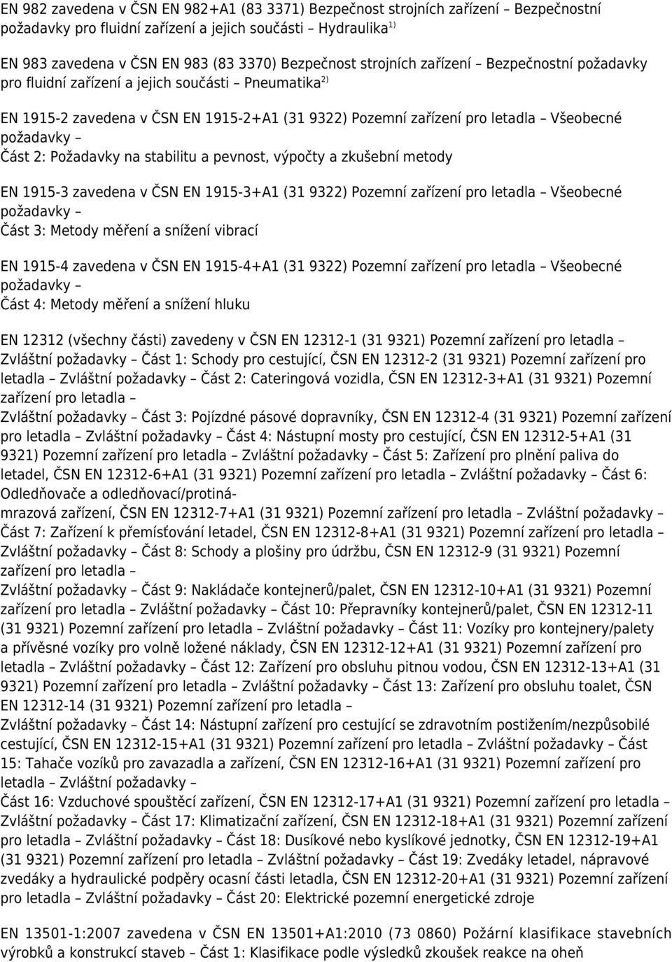 Požadavky na stabilitu a pevnost, výpočty a zkušební metody EN 1915-3 zavedena v ČSN EN 1915-3+A1 (31 9322) Pozemní zařízení pro letadla Všeobecné požadavky Část 3: Metody měření a snížení vibrací EN