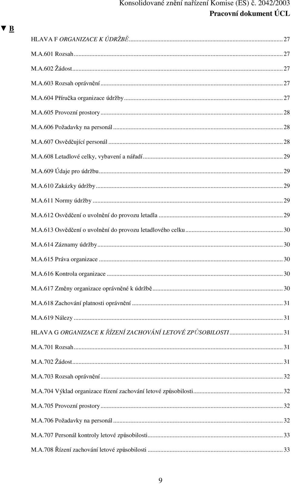 ..29 M.A.613 Osvědčení o uvolnění do provozu letadlového celku...30 M.A.614 Záznamy údržby...30 M.A.615 Práva organizace...30 M.A.616 Kontrola organizace...30 M.A.617 Změny organizace oprávněné k údržbě.