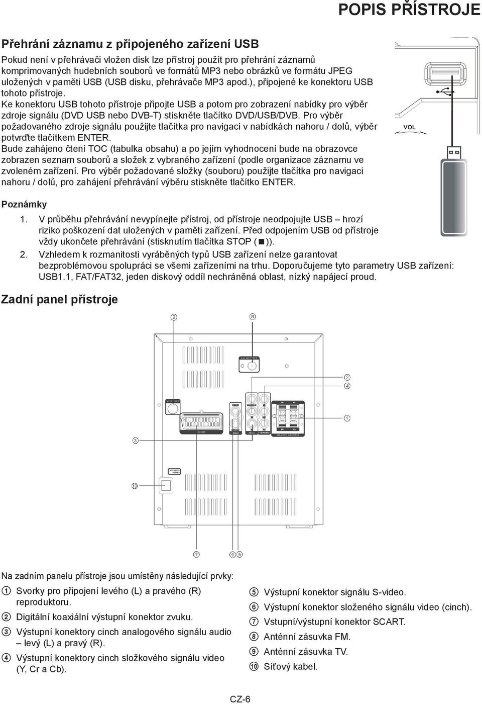 Ke konektoru USB tohoto přístroje připojte USB a potom pro zobrazení nabídky pro výběr zdroje signálu (DVD USB nebo DVB-T) stiskněte tlačítko DVD/USB/DVB.