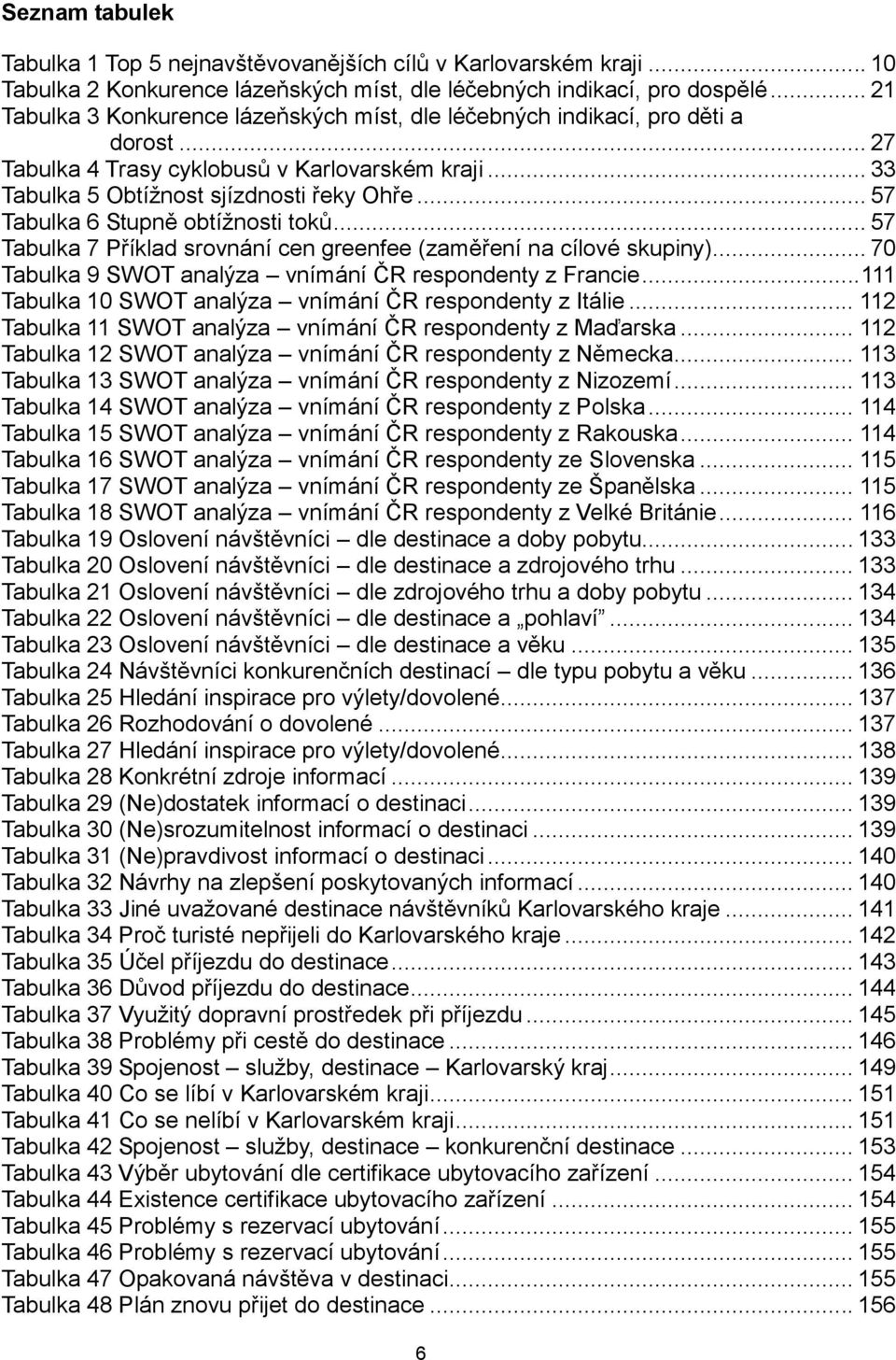 .. 57 Tabulka 6 Stupně obtížnosti toků... 57 Tabulka 7 Příklad srovnání cen greenfee (zaměření na cílové skupiny)... 70 Tabulka 9 SWOT analýza vnímání ČR respondenty z Francie.