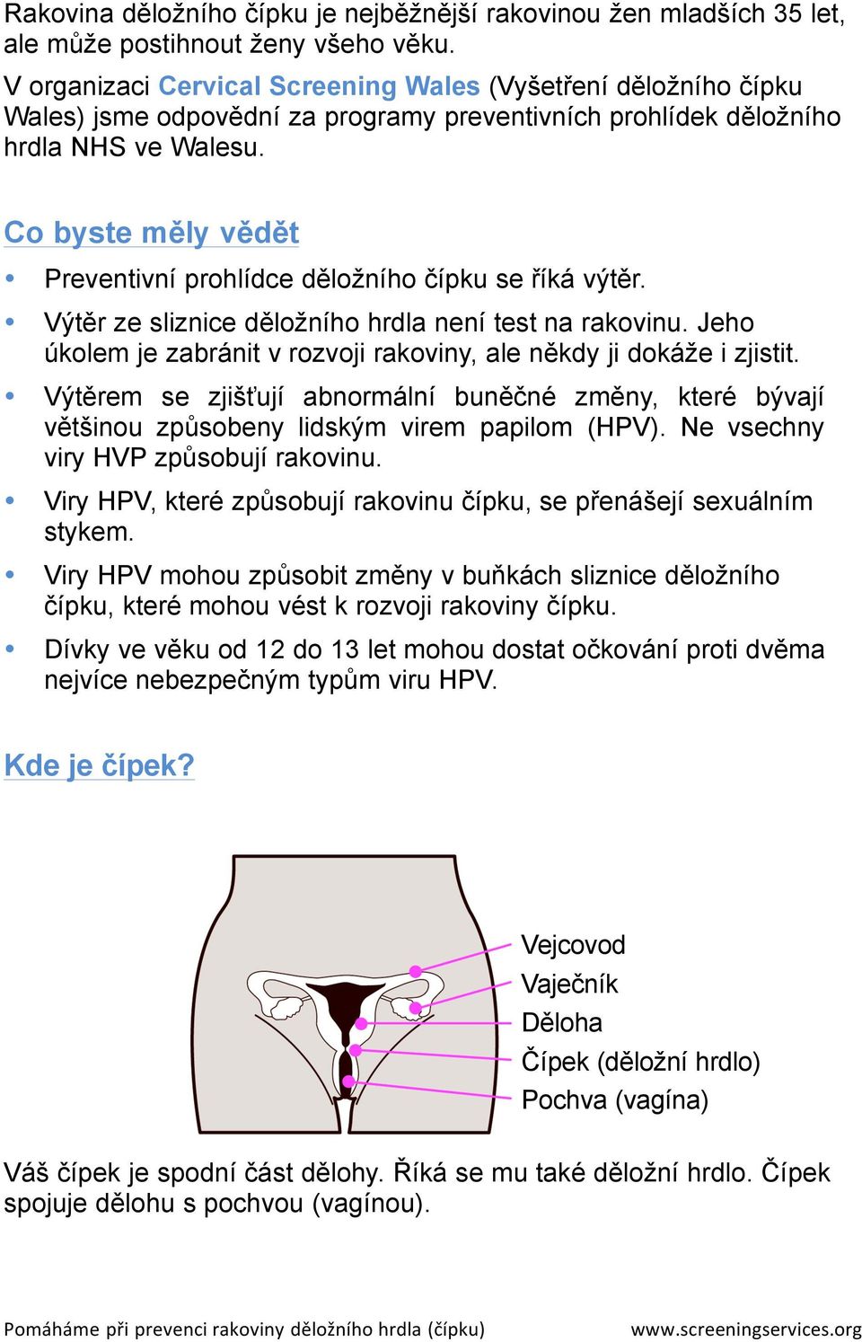 Co byste měly vědět Preventivní prohlídce děložního čípku se říká výtěr. Výtěr ze sliznice děložního hrdla není test na rakovinu.