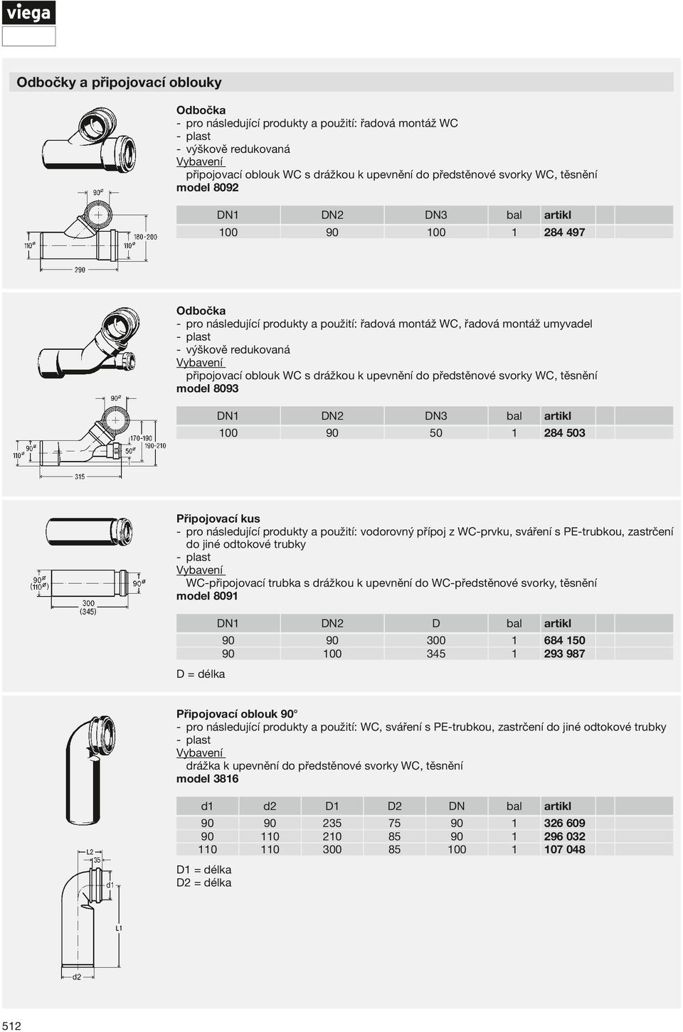 předstěnové svorky WC, těsnění model 8093 DN1 DN2 DN3 bal artikl 100 90 50 1 284 503 Připojovací kus pro následující produkty a použití: vodorovný přípoj z WC-prvku, sváření s PE-trubkou, zastrčení