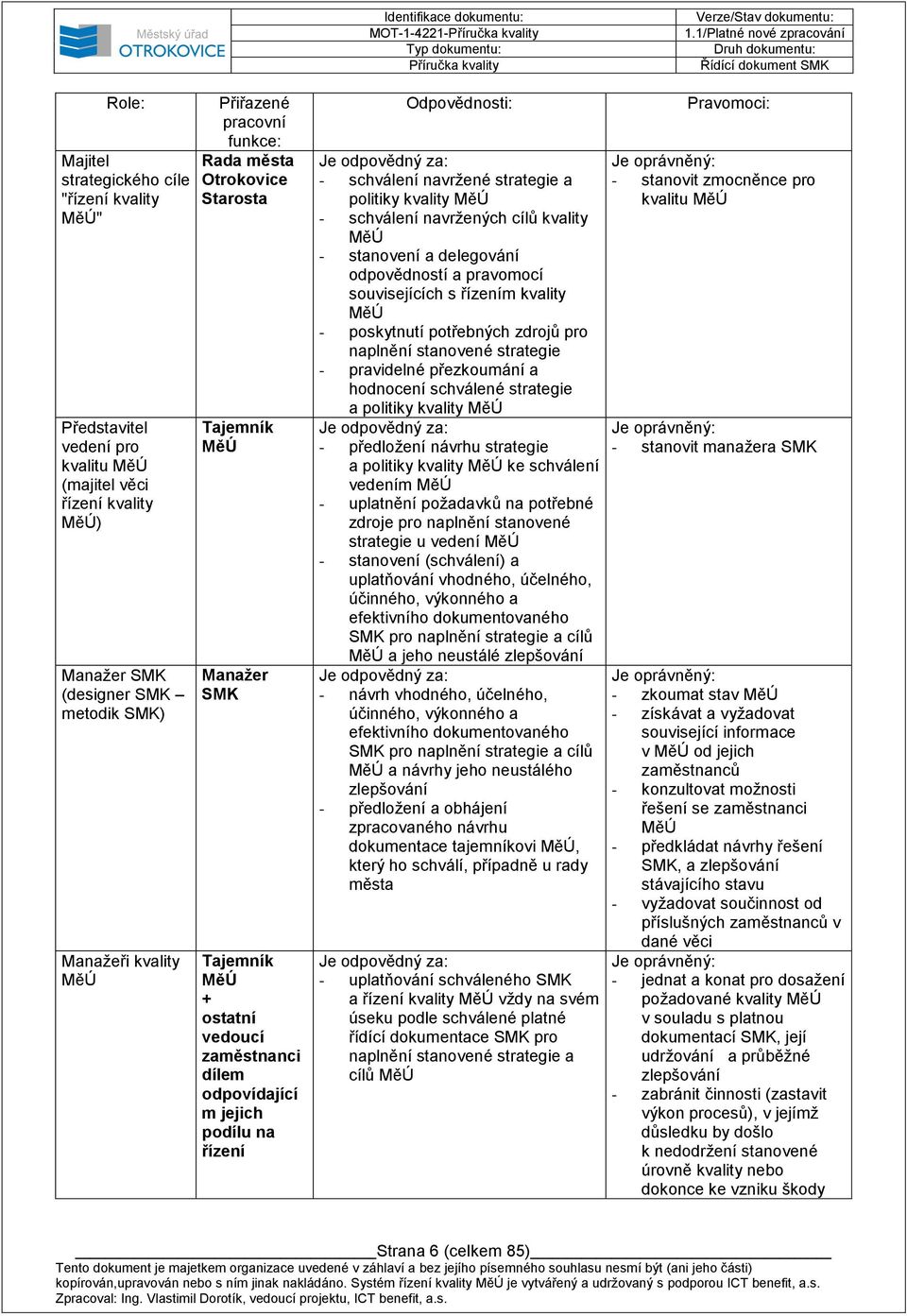 za: - schválení navrţené strategie a politiky kvality MěÚ - schválení navrţených cílů kvality MěÚ - stanovení a delegování odpovědností a pravomocí souvisejících s řízením kvality MěÚ - poskytnutí